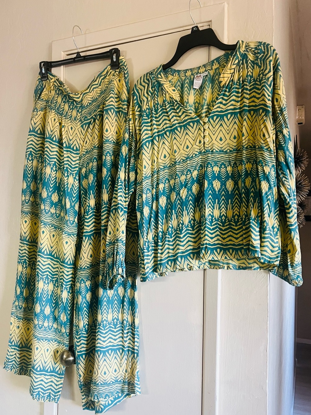 Boho Printed Wide Leg Pants in Teal and Cream